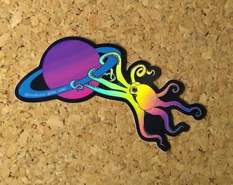 Holographic space octopus sticker, laptop decal