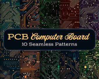 May include: Ten seamless patterns of circuit boards in various colors, including green, blue, orange, and red. The patterns are designed to look like computer chips or printed circuit boards.