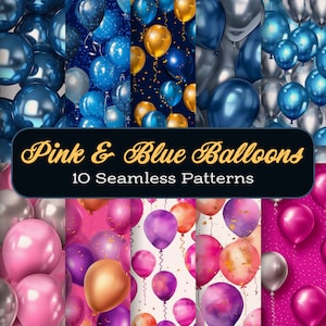 Gender Reveal Blue or Pink Balloons Seamless Patterns Birthday Balloons Digital Paper Wallpaper Digital Clip Art