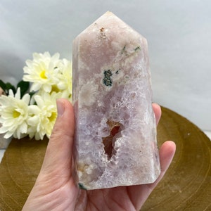 Large Flower Agate Tower with Amethyst, pink amethyst, cherry blossom crystal, flower agate with druzy