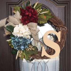 Patriotic Wreath - Front Door Wreath - Spring Wreath - Burgundy Red White & Blue Hydrangea - Americana Wreath - Wreaths For Spring - Wreaths