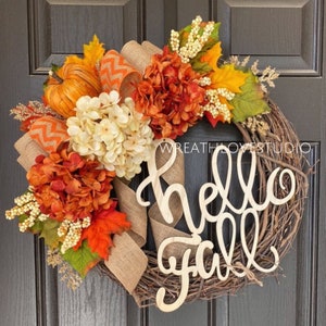 Rustic Orange Pumpkin - Autumn Orange & Antique White Hydrangea - Fall Wreath - Hello Fall - Front Door Wreath - Front Door Wreath For Fall