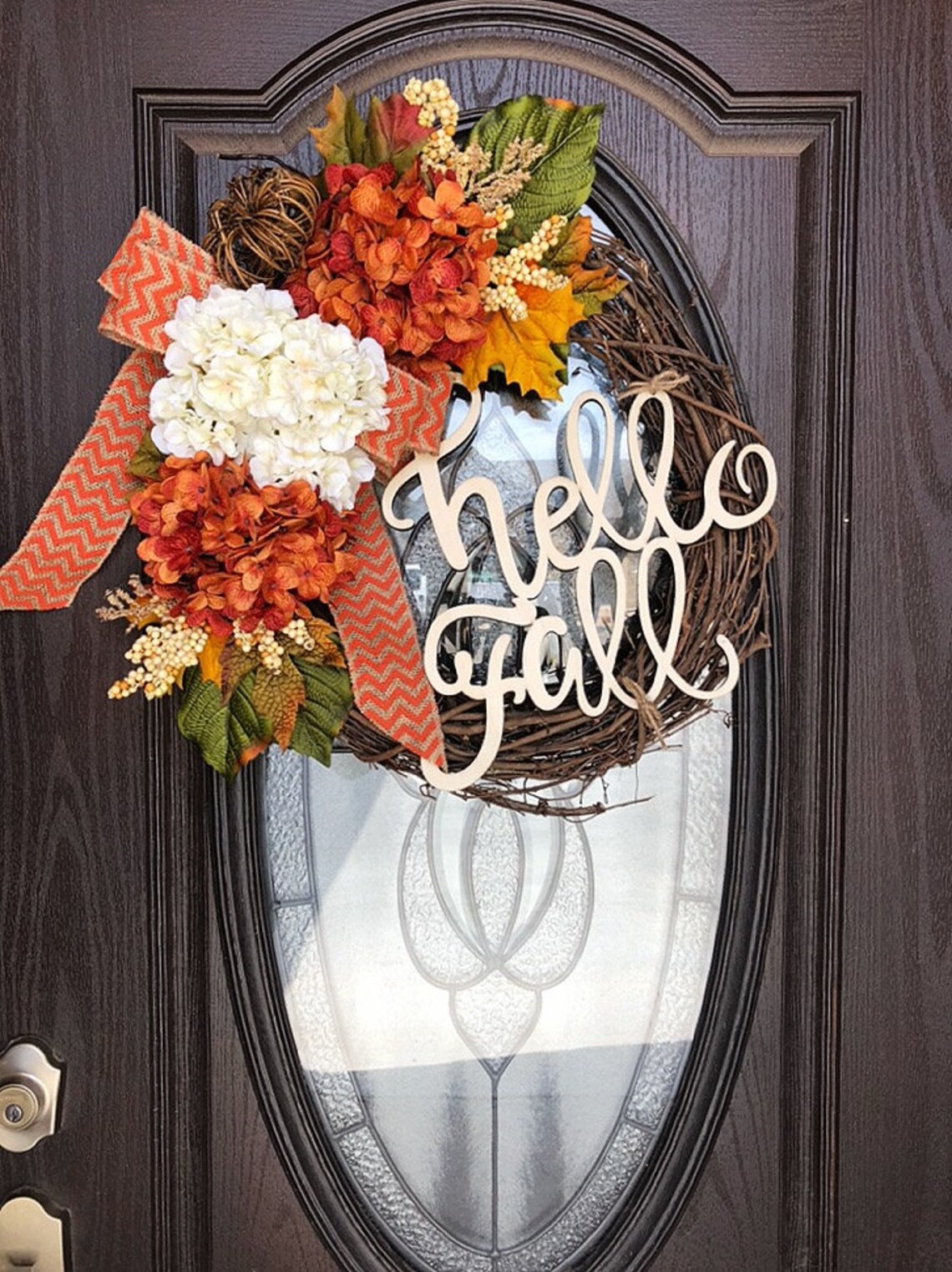 Pumpkin Autumn Orange & Cream Hydrangea Wreath - Fall Wreath - Front ...