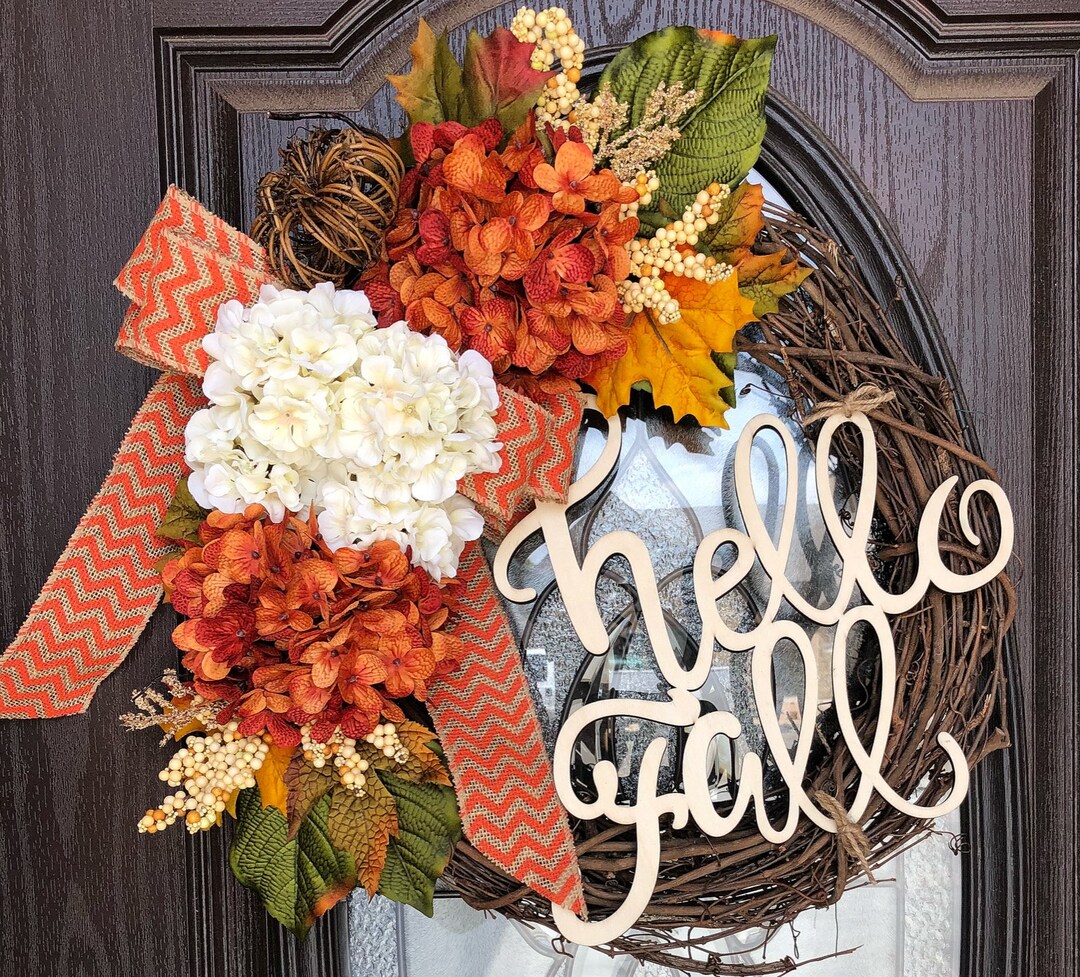 Pumpkin Autumn Orange & Cream Hydrangea Wreath - Fall Wreath - Front ...