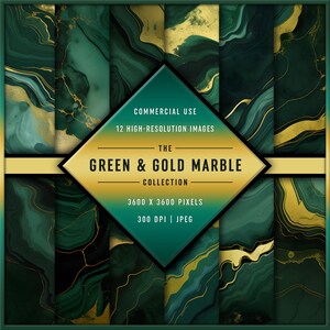 Peut inclure: Douze papiers numériques haute résolution avec des motifs de marbre vert et or. Le texte "THE GREEN & GOLD MARBLE COLLECTION" est affiché dans un losange. Le texte "COMMERCIAL USE" et "3600 X 3600 PIXELS 300 DPI JPEG" est également affiché.