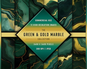 Op de afbeelding: Twaalf digitale papieren in hoge resolutie met groene en gouden marmerpatronen. De tekst "THE GREEN & GOLD MARBLE COLLECTION" wordt weergegeven in een ruitvorm. De tekst "COMMERCIAL USE" en "3600 X 3600 PIXELS 300 DPI JPEG" wordt ook weergegeven.