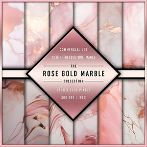 May include: A set of 12 digital paper backgrounds featuring a rose gold marble design. The papers are 3600 x 3600 pixels and 300 DPI. They are perfect for creating invitations, cards, and other digital projects.