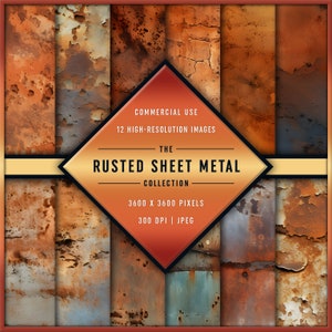 May include: Twelve high-resolution images of rusted sheet metal in various shades of orange, brown, and blue. The images are 3600 x 3600 pixels and 300 DPI.  Commercial use is permitted.