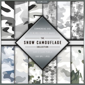 May include: A set of 12 seamless snow camouflage patterns in various shades of white, grey, and blue. The patterns are designed for commercial use and are 3600 x 3600 pixels, 300 DPI, and in JPEG format.