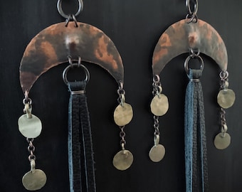 Conjure: Dark rustic hammered moons with vintage Kuchi charms and long leather, 14 gauge