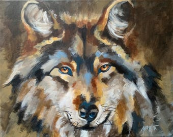 Original Wolf Acrylic Painting, Animal portrait 16x20 canvas art