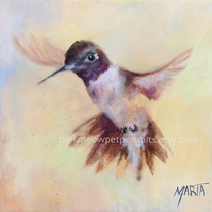 custom hummingbird painting, black chinned hummingbird, yellow, purple bird, gift for hummingbird lover, acrylic painting on canvas, 8&quot;x8&quot;
