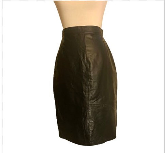 intage 80’s High Waist Black Leather Pencil Skirt - image 1