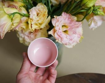 May include: A small, round, light pink bowl with a white rim is held in front of a bouquet of yellow and pink flowers. The flowers are in a clear vase. The bowl is empty and appears to be made of ceramic.