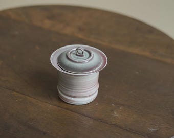 May include: A ceramic jar with a lid, featuring a light purple and green color scheme. The jar has a cylindrical shape with a ridged texture, and the lid has a small loop handle. The jar is placed on a dark brown wooden surface.