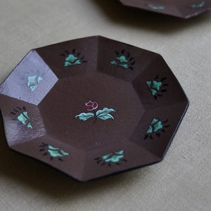 Hand-Painted Octagon Brown Rose Tea Tray