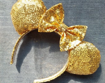 Orejas de Minnie Mickey festivas navideñas de lujo con lentejuelas doradas, listas para enviar.