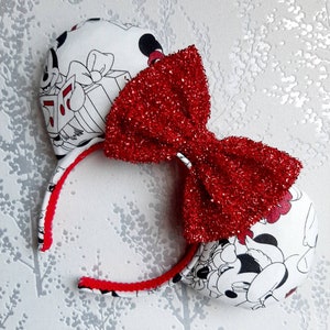 Ready to ship Christmas Carol festive Minnie ears with a red shimmer bow.