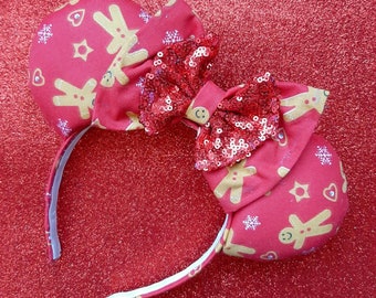 Ready To Ship Luxury red gingerbread Christmas festive Minnie Ears with matching double bow.