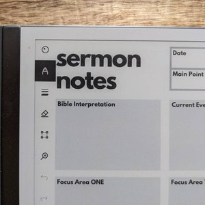 May include: A white e-reader with a black frame and a grey screen. The screen displays a sermon notes template with sections for date, text, main point, bible interpretation, current events, and two focus areas.