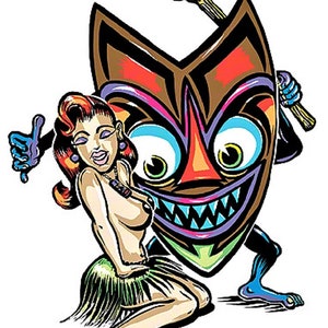 ART STICKER Island Girl & Tiki by Artist Von Franco Decal #VF10