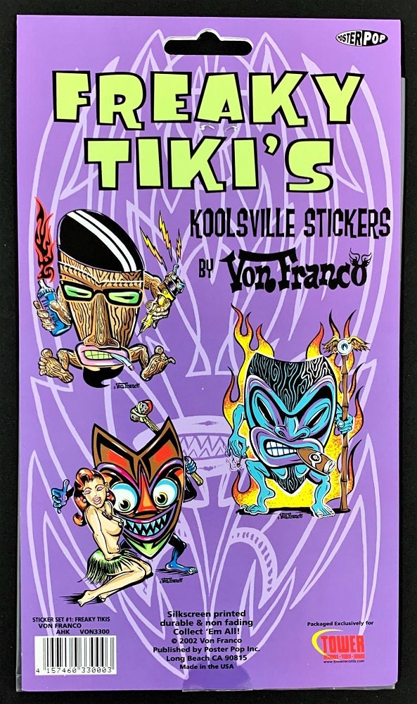 Freaky Tiki STICKER PACK Von Franco Set of 3 Tower Records New Old