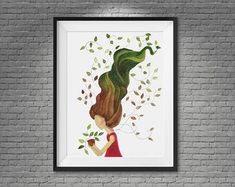 Mother Nature Watercolor Plant Girl Woman Watercolor Print Plant Lover House Plant Digital Wall Print Wall Hanging Watercolor Print JPG