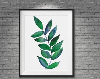 Pflanze Aquarell Druck Blau Grün Pflanzenblätter Aquarell Digitale Wand grüne Blätter Druck Wandbehang Pflanze Aquarell Druck JPG