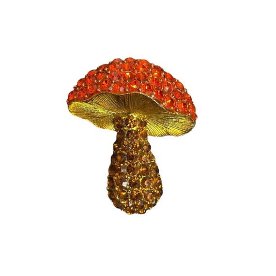 Vintage Rhinestone Mushroom Brooch Orange Multi G… - image 3