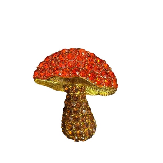 Vintage Rhinestone Mushroom Brooch Orange Multi G… - image 1