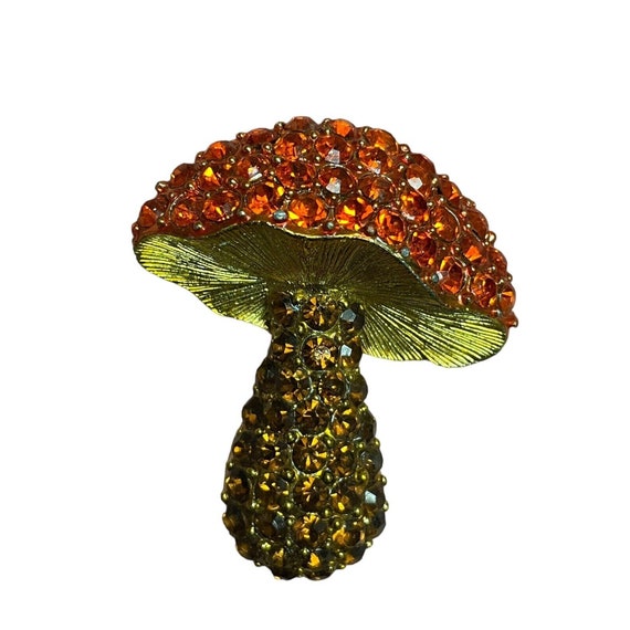 Vintage Rhinestone Mushroom Brooch Orange Multi G… - image 5