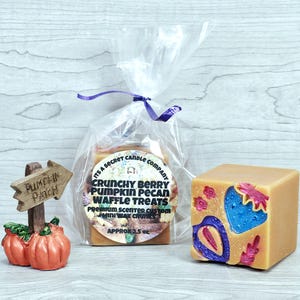 May include: A small wooden pumpkin patch sign, a clear plastic bag containing wax chunks with a label reading Its A Secret Candle Company Crunchy Berry Pumpkin Pecan Waffle Treats, and a tan wax cube with blue and purple berry-shaped embeds.