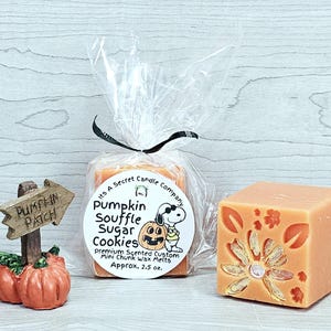 May include: A clear plastic bag containing orange wax melts with a label reading Its A Secret Candle Company Pumpkin Souffle Sugar Cookies, next to a small pumpkin patch sign and a single orange wax cube with a floral design.