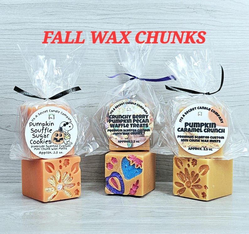 May include: Three clear plastic bags containing square wax melts labelled Fall Wax Chunks. Each bag features a round label with text including Pumpkin Souffle Sugar Cookies, Crunchy Berry Pumpkin Pecan Waffle Treats, and Pumpkin Caramel Crunch, all 2.5 oz.
