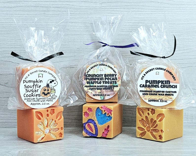 May include: Three square wax melts in clear plastic bags with black or purple ribbons. Labels read Pumpkin Souffle Sugar Cookies, Crunchy Berry Pumpkin Pecan Waffle Treats, and Pumpkin Caramel Crunch. Each block features embossed floral or fruit designs.