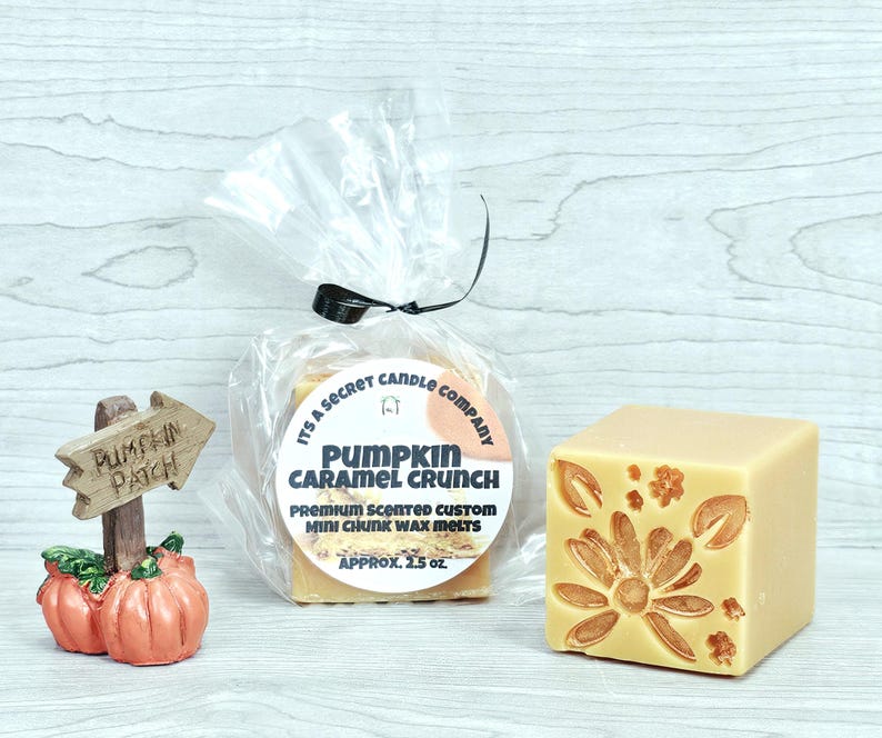May include: A light orange wax melt cube with a floral relief pattern, a clear plastic bag containing Pumpkin Caramel Crunch wax melts with a label reading Its A Secret Candle Company, and a small sign reading Pumpkin Patch with two pumpkins.