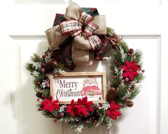 grapevine wreath, Christmas wreath, holiday decor, red truck wreath