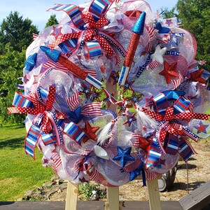 Patriotic, red white and blue, Military, summer BBQ, Mesh wreath for front door