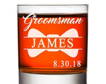 Groomsman Whiskey Glass Gift. Custom Monogram Bow Tie Personalized Groomsmen Whiskey Glasses, Groom Rocks Glass Gift, Best Man Whiskey