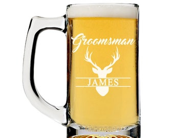 Stag Groomsman Beer Mug Glass Gift, Personalized Stag Monogram Groomsmen Beer Glass,  Engraved Groomsmen Beer Glass, Custom Beer Mug