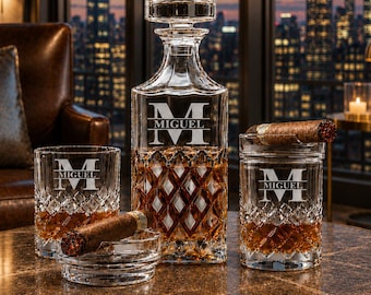 Personalized Wedding Gifts - Whiskey Decanter Set with Cigar Glasses - Custom Engraved Bourbon Glass - Gift for Couple - Newlywed - Engaged