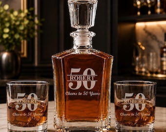 Personalized 50th Birthday Whiskey Decanter Set – Aged to Perfection Bourbon Glass