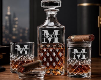 Personalized Whiskey Decanter Set with Cigar Glasses - Custom Engraved Bourbon Glass - Gifts for Men - Custom Cigar Glass Holder - Ashtray