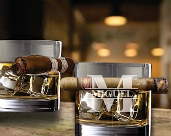 Personalized Whiskey Glass with Cigar Holder - Engraved Glasses - Bourbon & Cigar Lovers - Birthday Gift