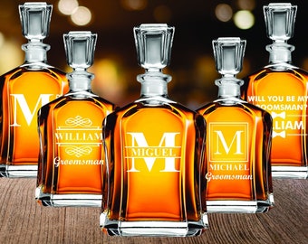 Set of 5 Groomsmen Whiskey Decanter Gift, Groomsman Proposal Whiskey Gifts, Personalized Bachelor Party Gifts, Officiant, Best Man, Groom