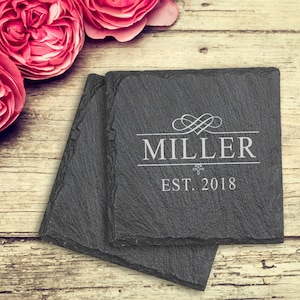 Custom Flourish Personalized Slate Coasters Couples Gifts, Housewarming Engraved Coaster gift,Wedding Gift For Couples,Bridal Shower Coaster