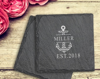 Nautical Personalized Slate Stone Coaster Housewarming Gifts, Engraved Anchor Couples Coaster gift, Wedding Gift Couples, Rustic Coasters