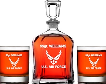 Air force Whiskey Decanter Gift set, AirForce Scotch Decanter set, Engraved Armed Services Gift, Airforce Whiskey gift, Air force Gifts