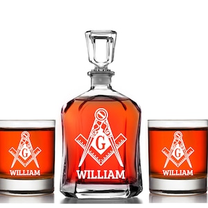 Free Mason Whiskey Decanter Gift set, Mason Scotch Decanter set, Engraved Free Mason Whiskey Gift, Masonic Whiskey gift, Mason Theme Gifts