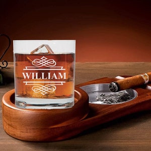 Personalized Bourbon Glass with Cigar Ashtray, Whiskey Rocks Glass Coaster, Custom Cigar Holder Gift, Chirstmas Gifts for Father, Him, Men